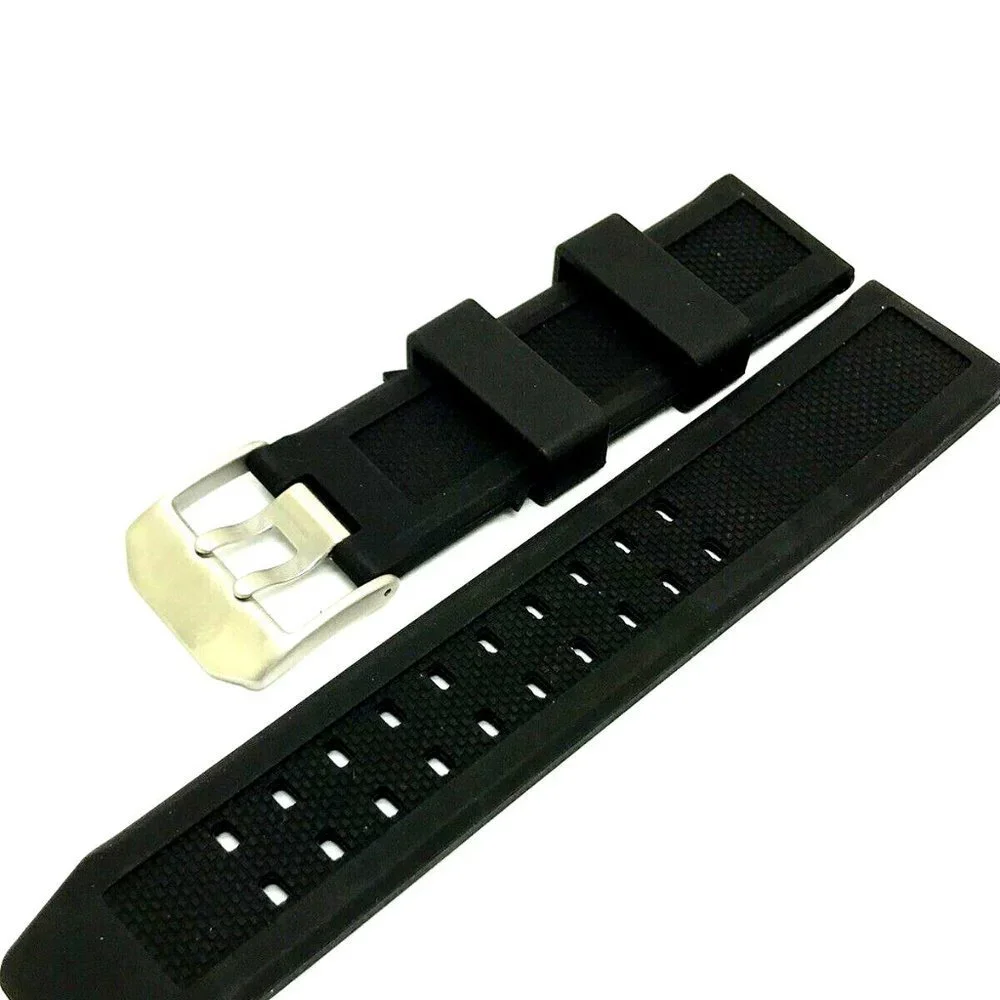 Men's Watch Band Replacement Black Rubber Strap 23mm Lug Silver Tone Buc…